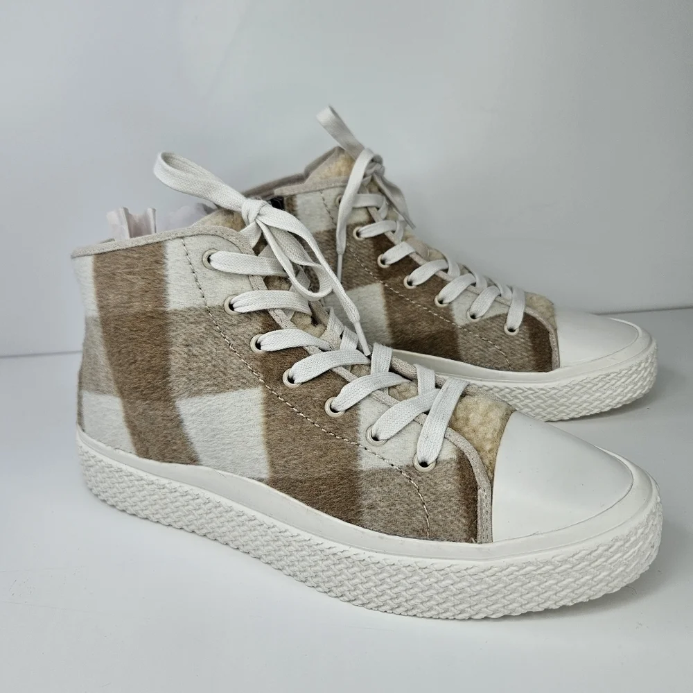 Dolce Vita Veola Plaid Cream-Tan Leather Fabric Hi-Top Casual Sneakers Sz 10